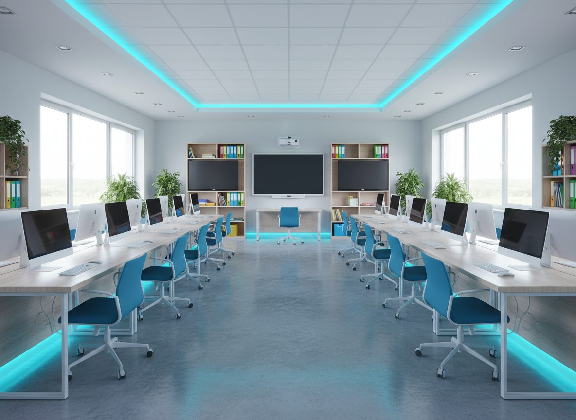 A bright modern computer lab for school children with rows of desktop computers