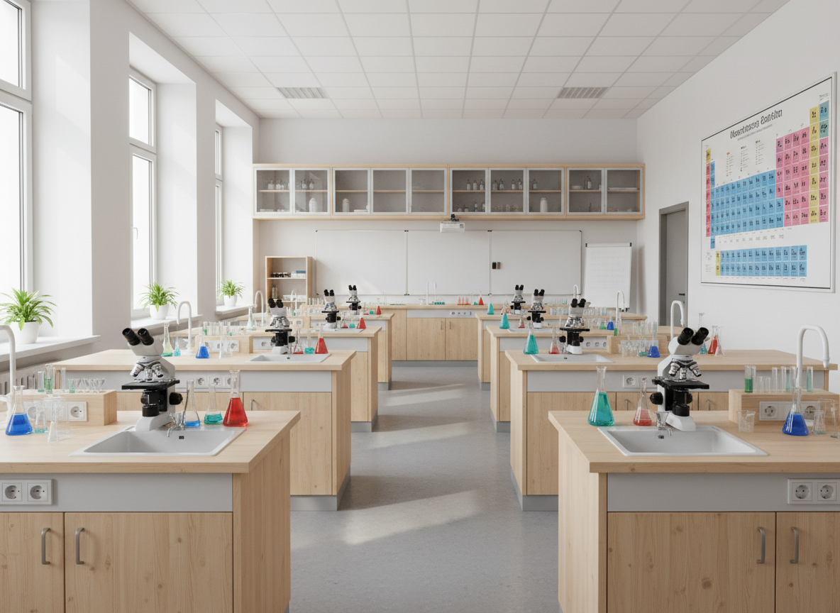 A clean modern science laboratory for school students with microscopes and colorful beakers