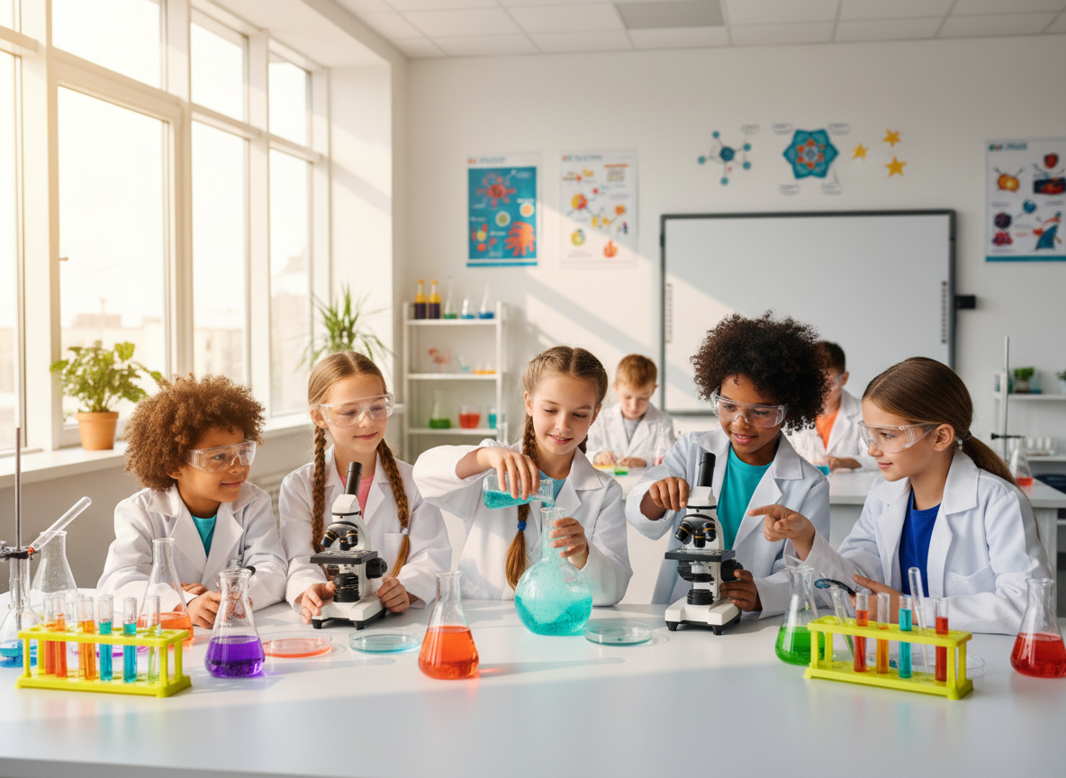 Students conducting a hands-on science experiment with colorful lab equipment
